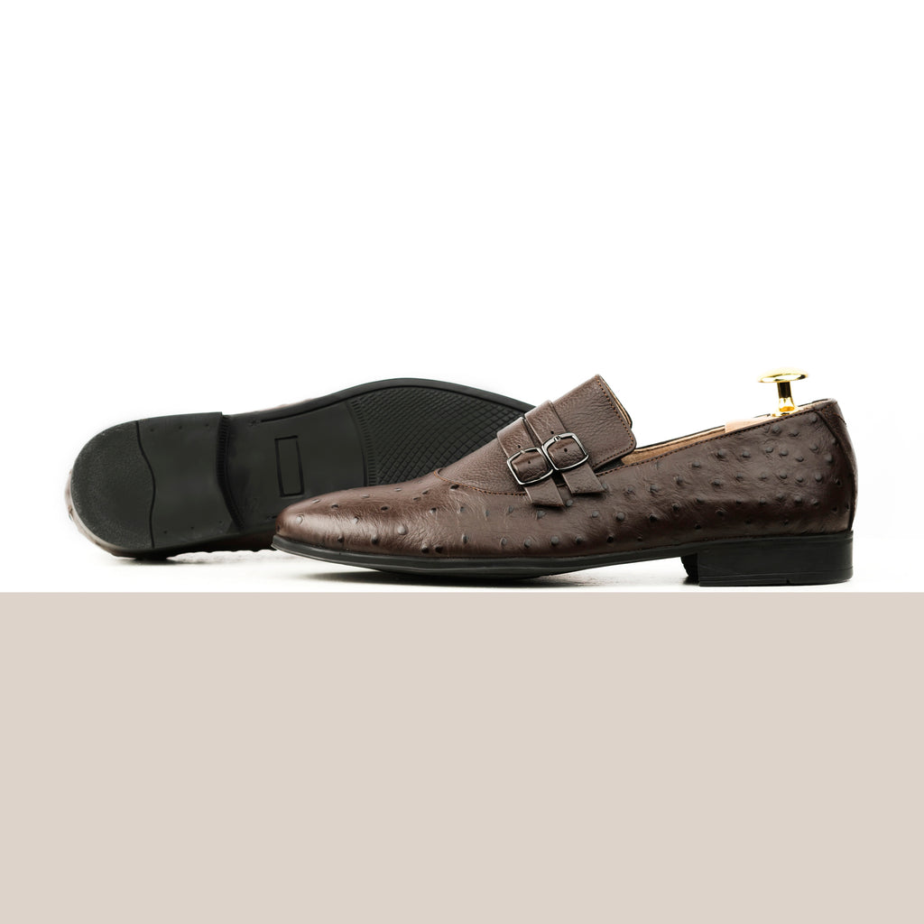 Ostrich Embossed Double Monk Loafers - Brown