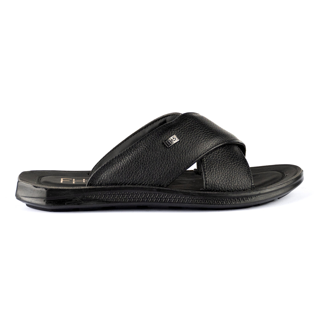Casual Strapped Leather Slippers-Black