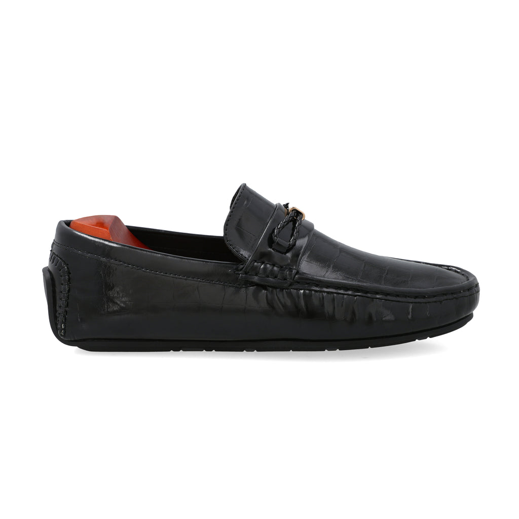 Crocodile Embossed Moccasin-Black