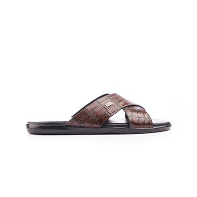 X-Strap Croc-Embossed Luxury Slippers - Brown