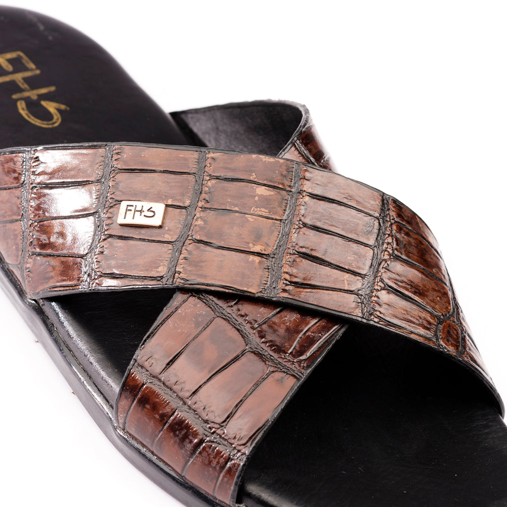 X-Strap Croc-Embossed Luxury Slippers - Brown