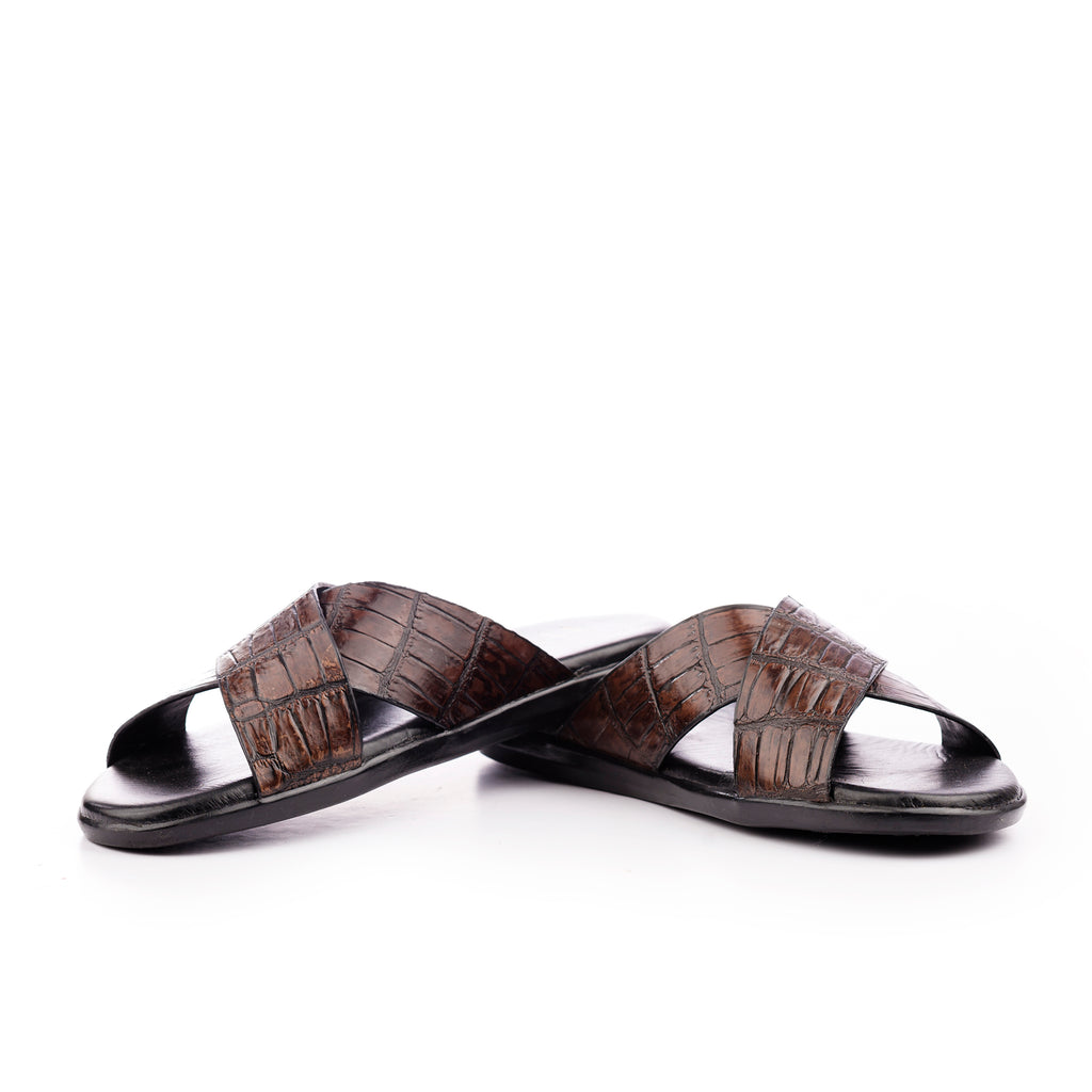 X-Strap Croc-Embossed Luxury Slippers - Brown