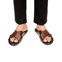Load image into Gallery viewer, X-Strap Croc-Embossed Luxury Slippers - Brown
