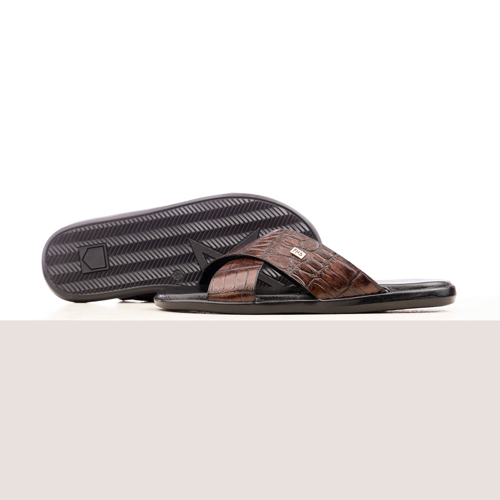 X-Strap Croc-Embossed Luxury Slippers - Brown