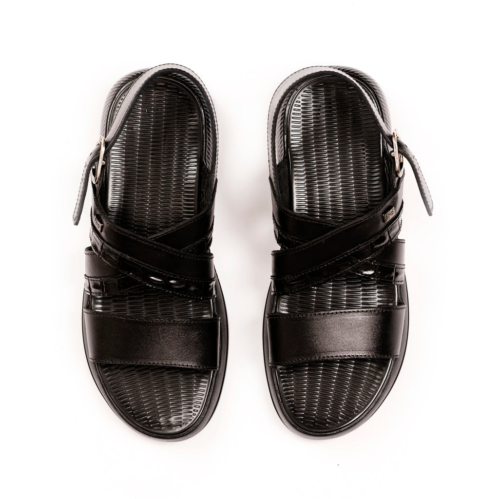 Crocodile Embossed Leather Sandals - Black