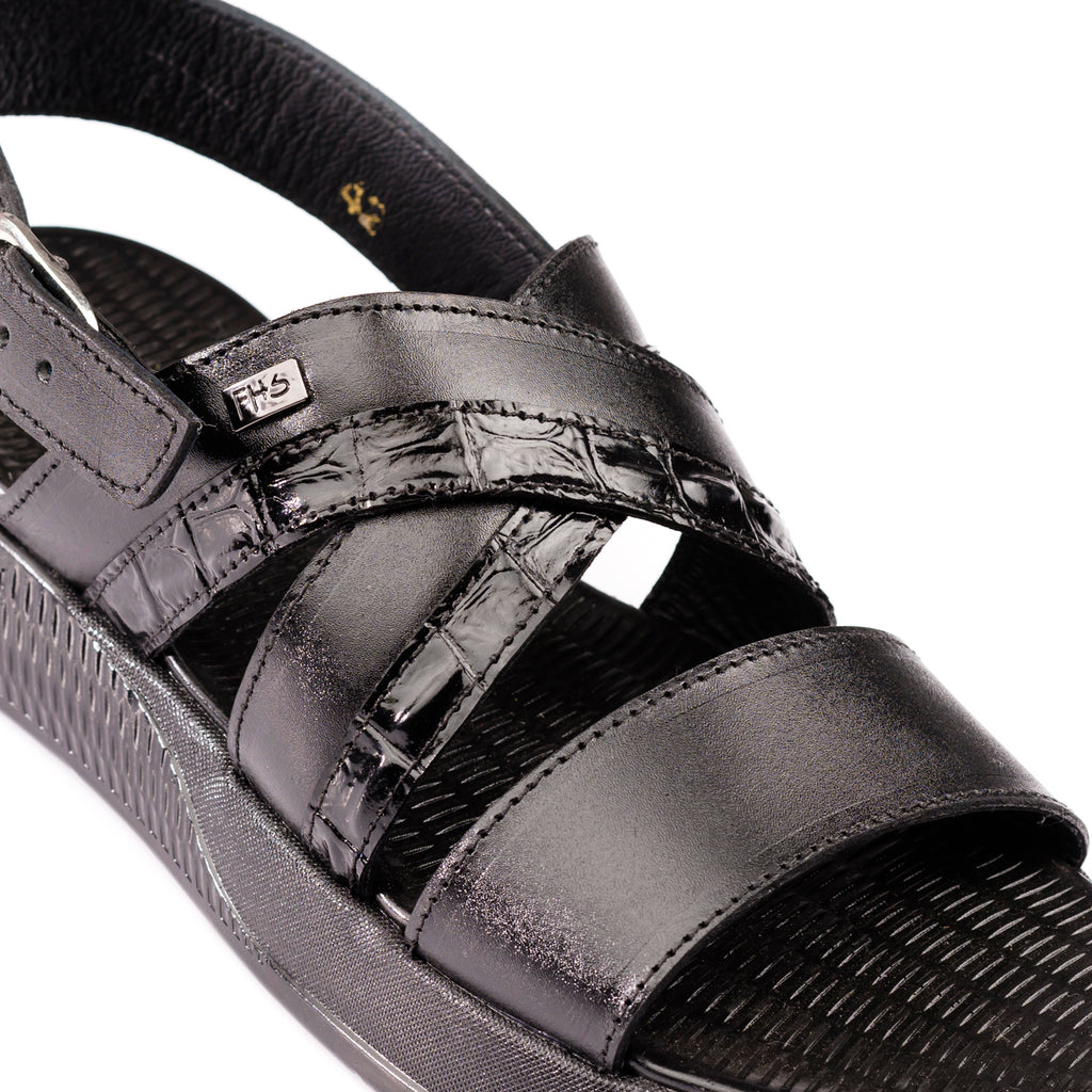 Crocodile Embossed Leather Sandals - Black