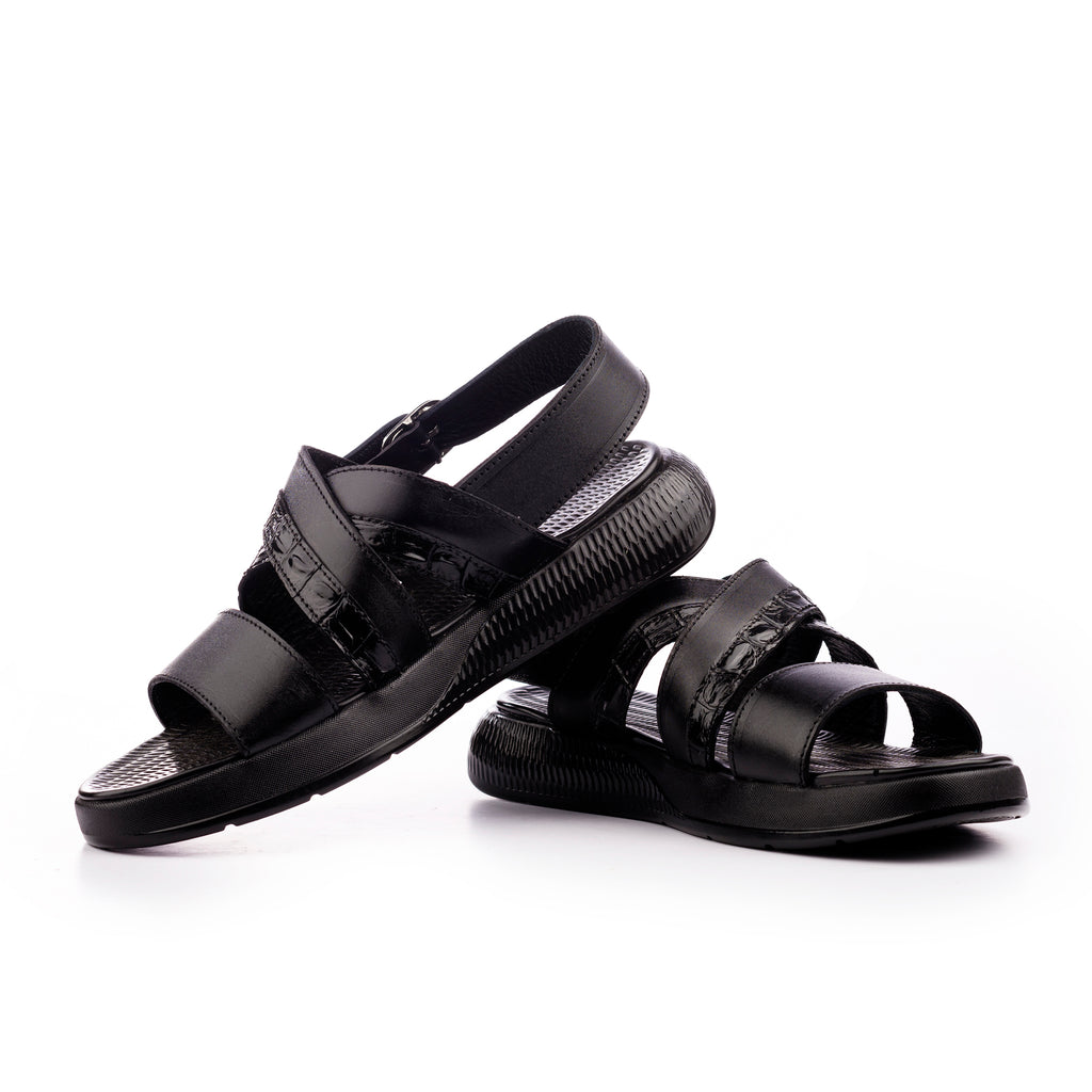 Crocodile Embossed Leather Sandals - Black