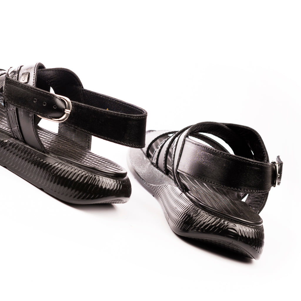 Crocodile Embossed Leather Sandals - Black