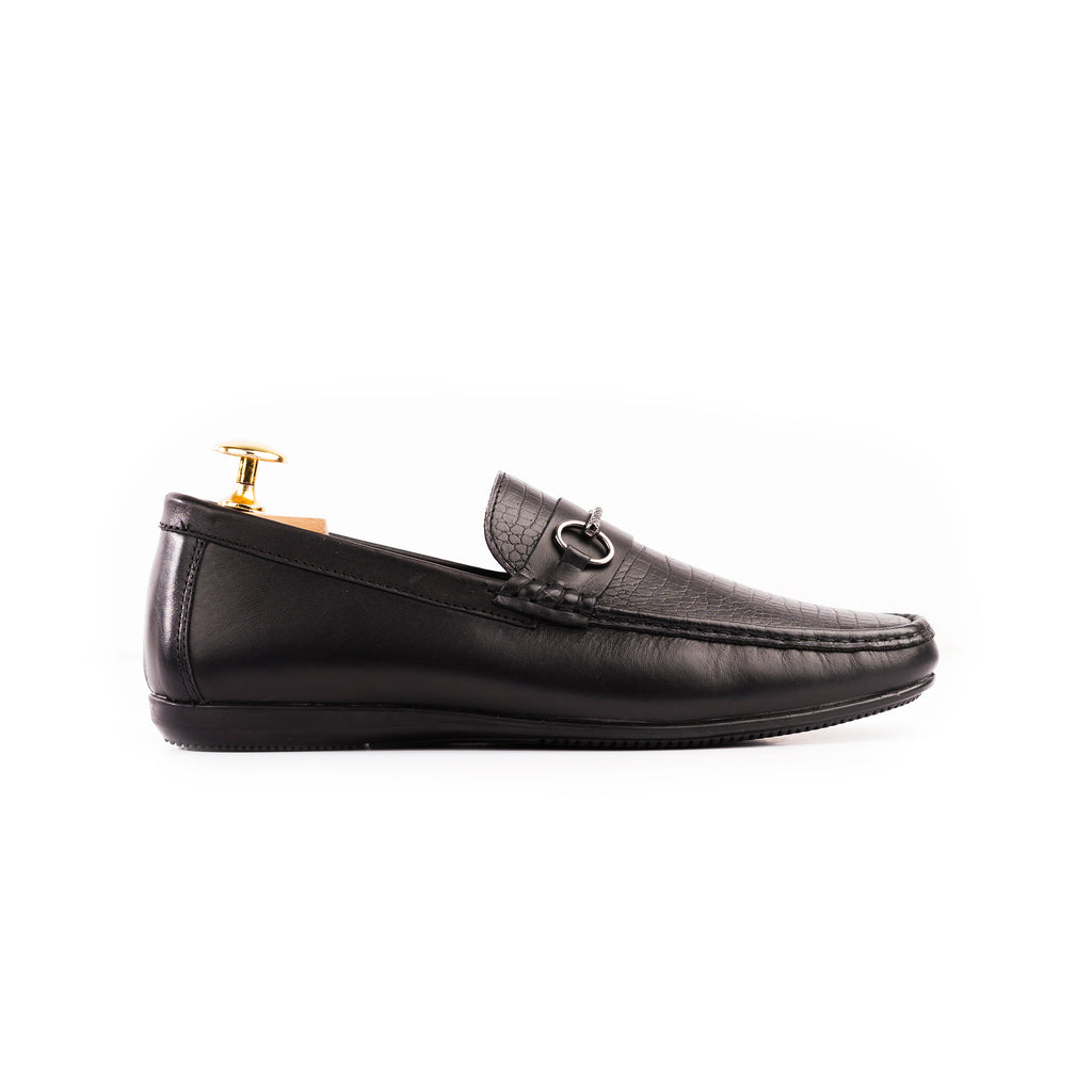 Crocodile Embossed Mocassins-Black