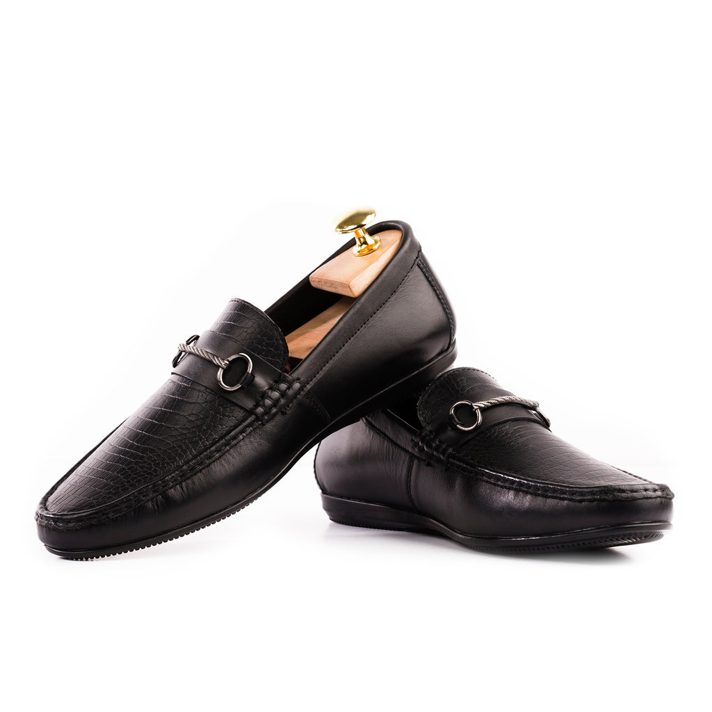 Crocodile Embossed Mocassins-Black
