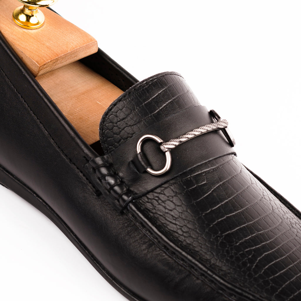 Crocodile Embossed Mocassins-Black