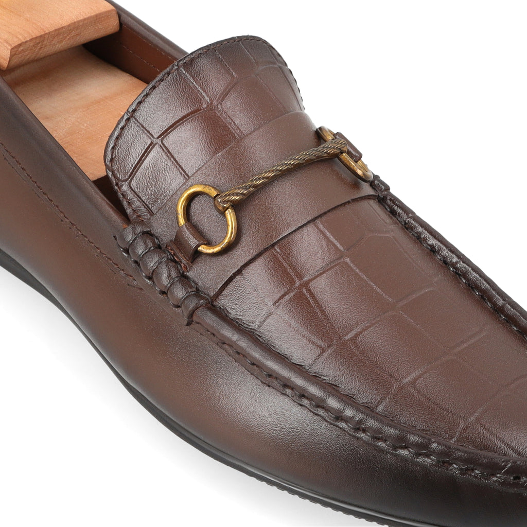 Crocodile Emboossed Buckled Moccasin - Brown