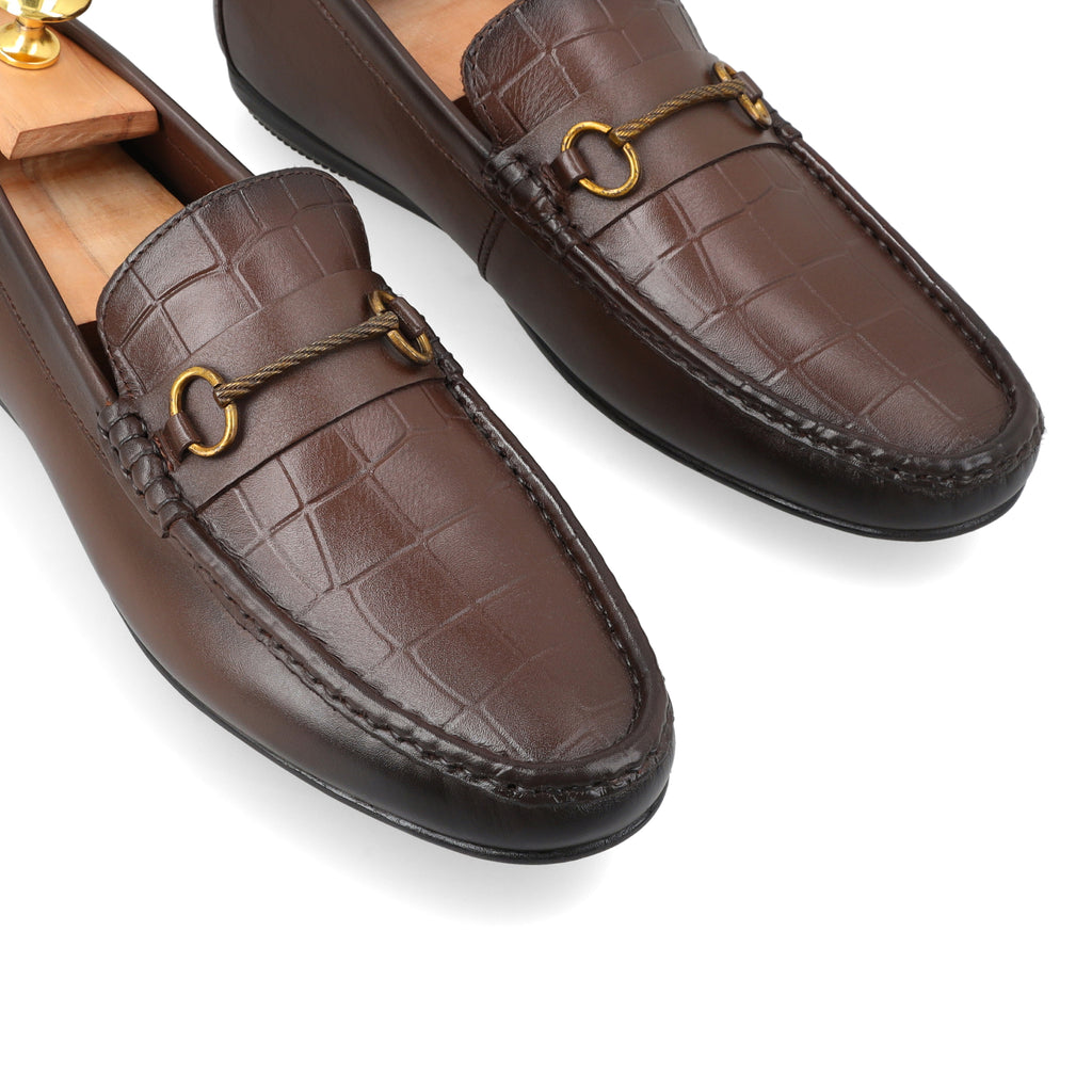 Crocodile Emboossed Buckled Moccasin - Brown