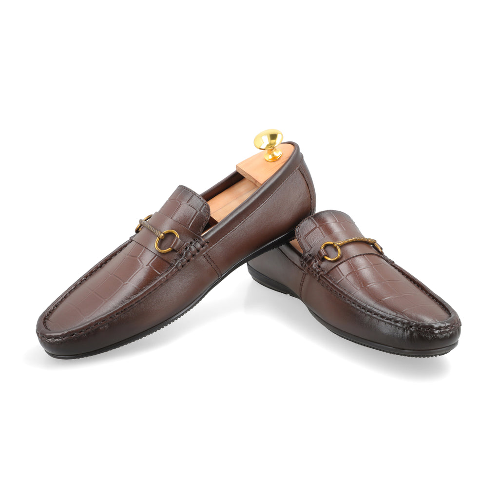 Crocodile Emboossed Buckled Moccasin - Brown