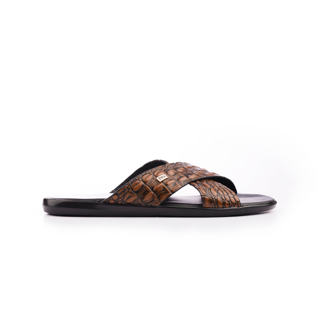 X-Strap Croc-Embossed Luxury Slippers - Tan