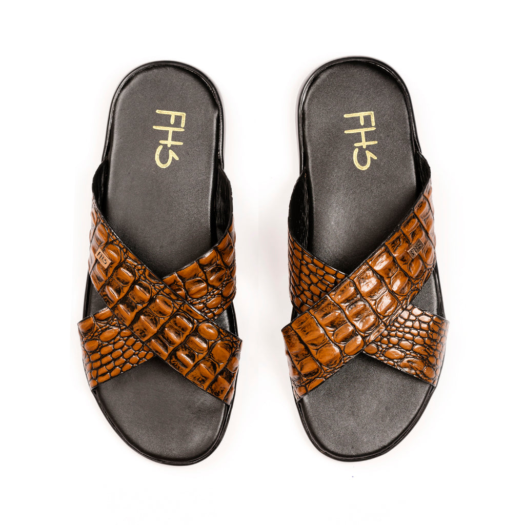 X-Strap Croc-Embossed Luxury Slippers - Tan