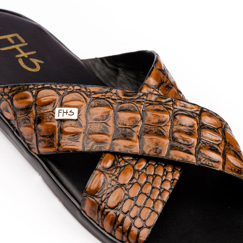 X-Strap Croc-Embossed Luxury Slippers - Tan