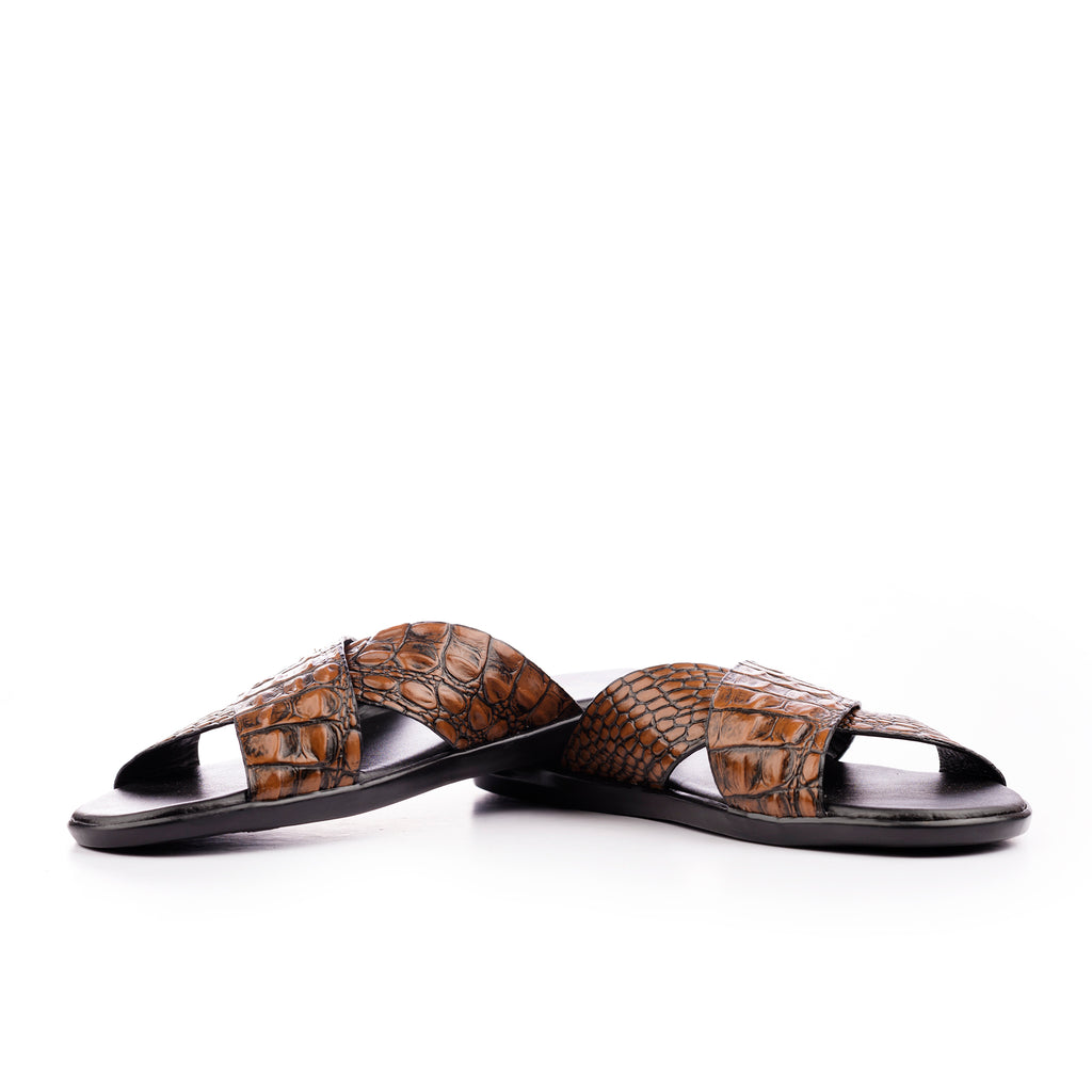 X-Strap Croc-Embossed Luxury Slippers - Tan