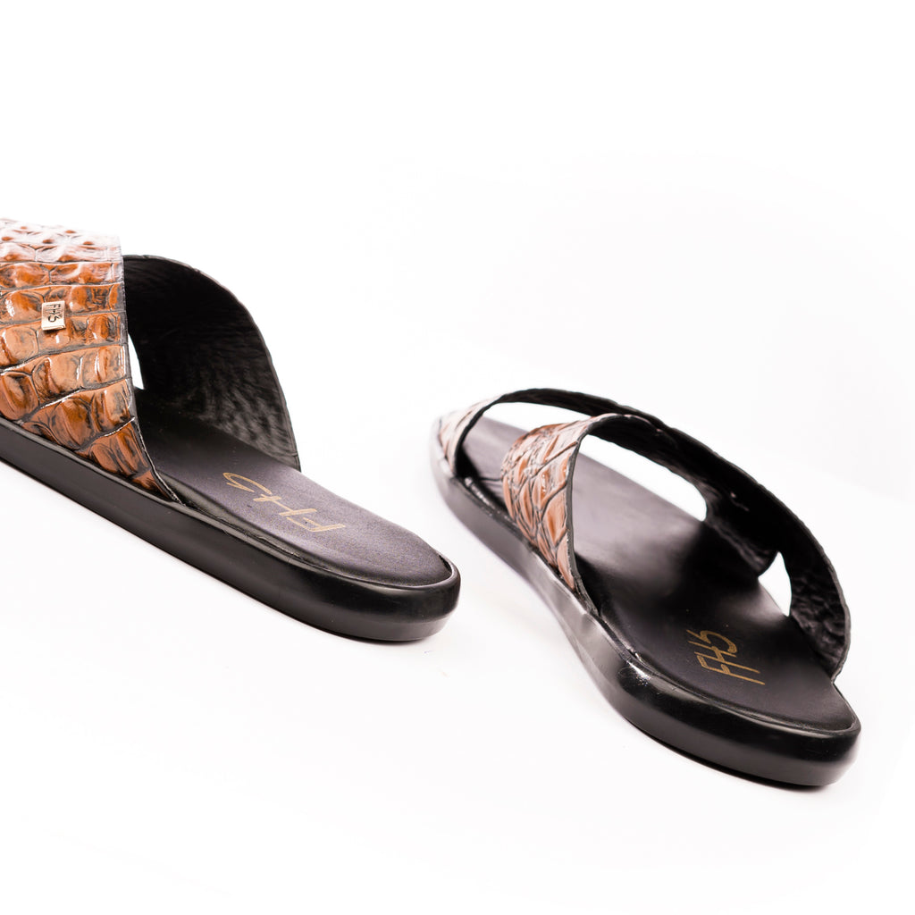 X-Strap Croc-Embossed Luxury Slippers - Tan