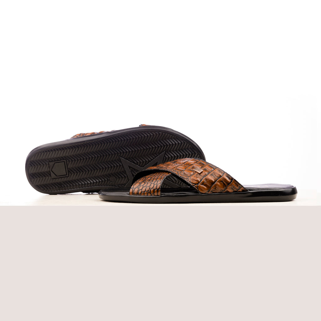 X-Strap Croc-Embossed Luxury Slippers - Tan