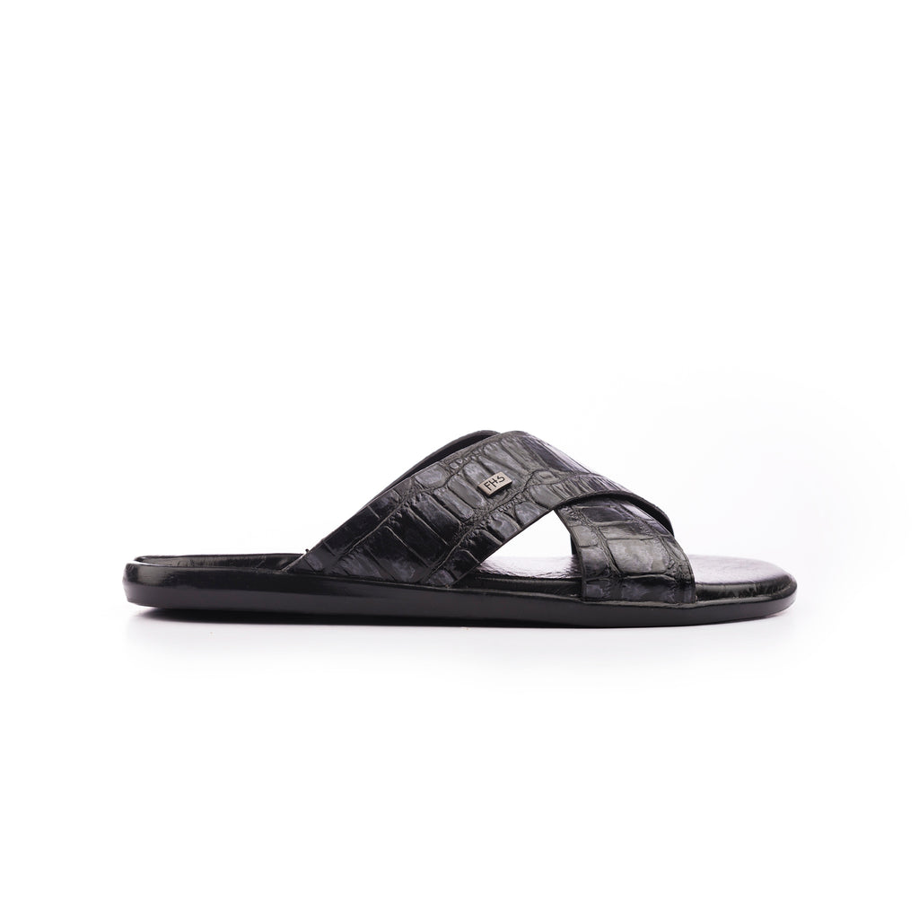 X-Strap Croc-Embossed Luxury Slippers - Black