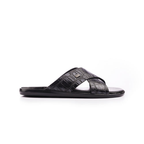 X-Strap Croc-Embossed Luxury Slippers - Black