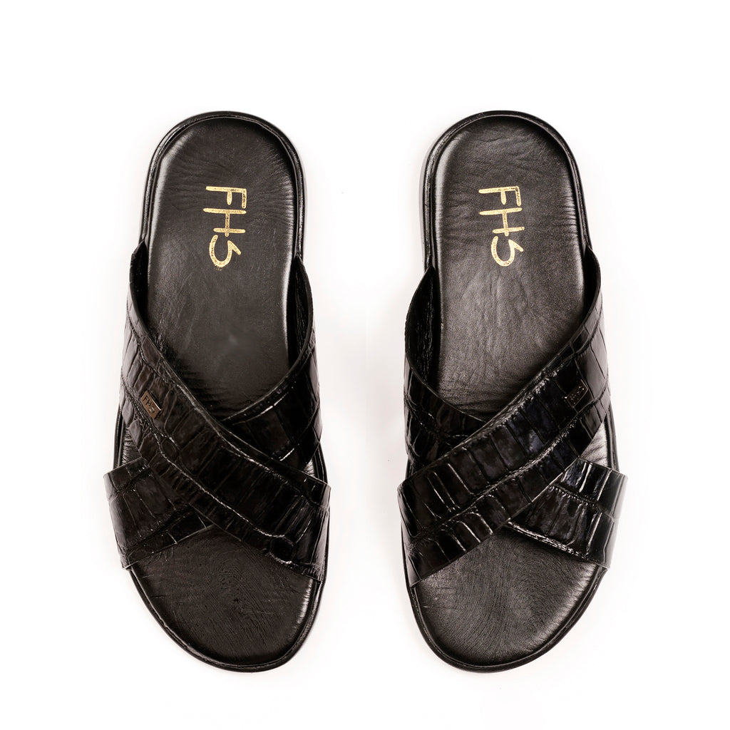 X-Strap Croc-Embossed Luxury Slippers - Black