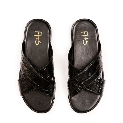 X-Strap Croc-Embossed Luxury Slippers - Black