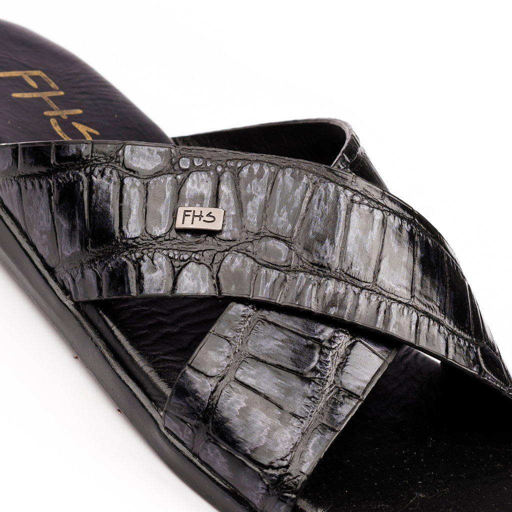 X-Strap Croc-Embossed Luxury Slippers - Black