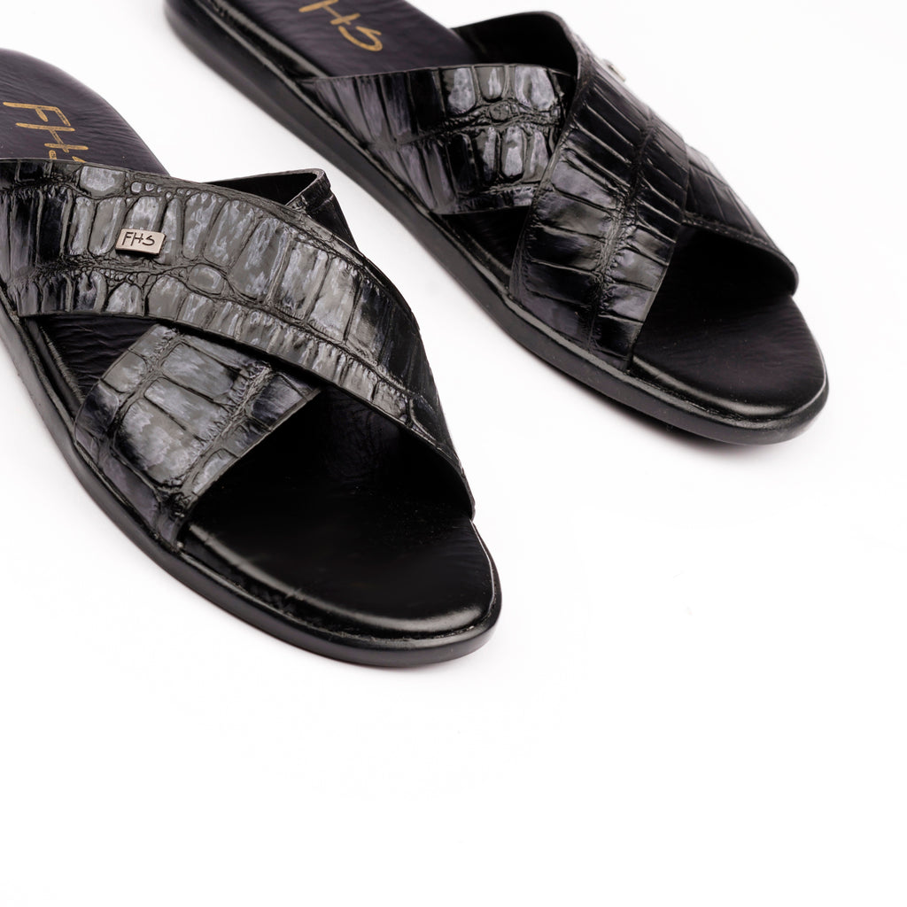 X-Strap Croc-Embossed Luxury Slippers - Black