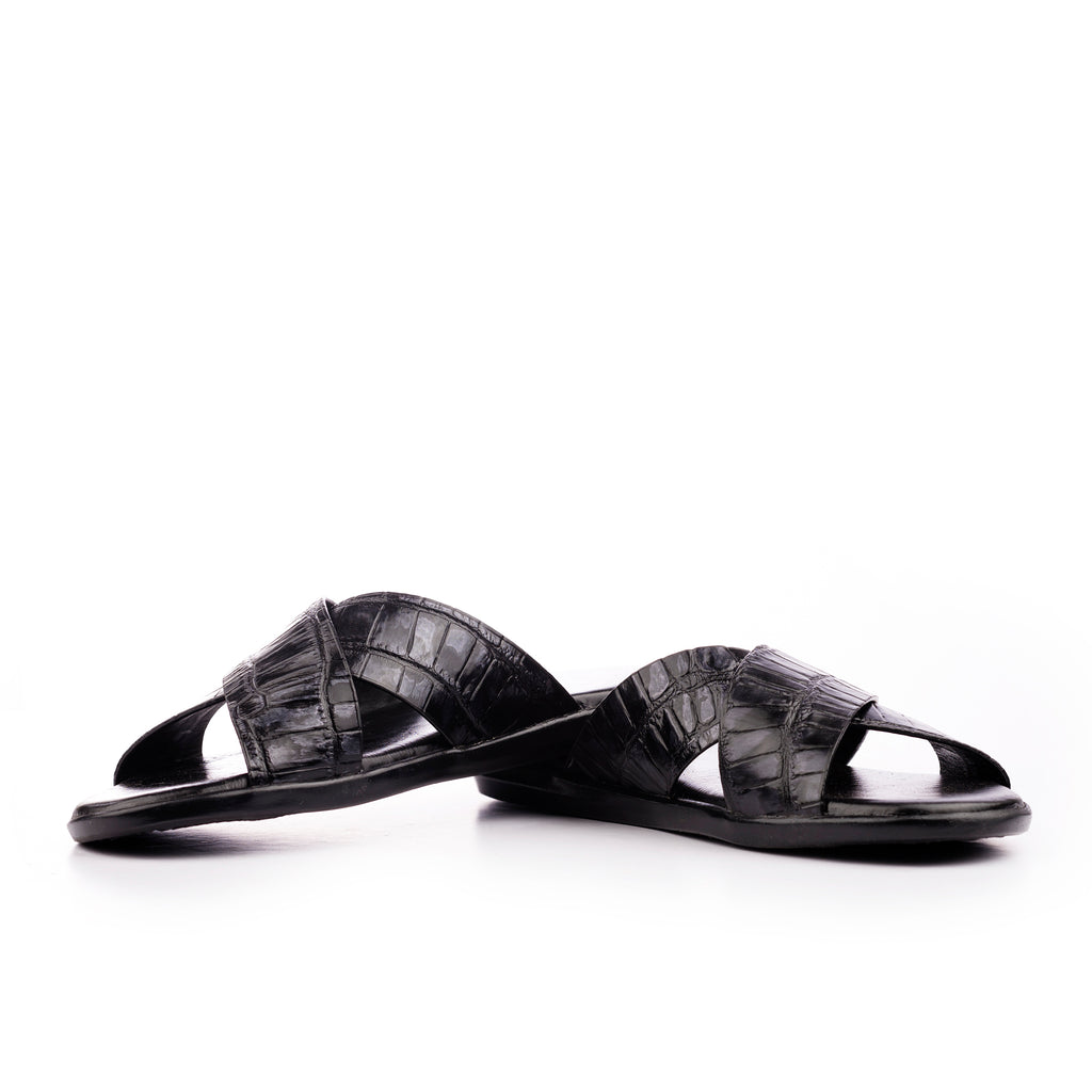 X-Strap Croc-Embossed Luxury Slippers - Black