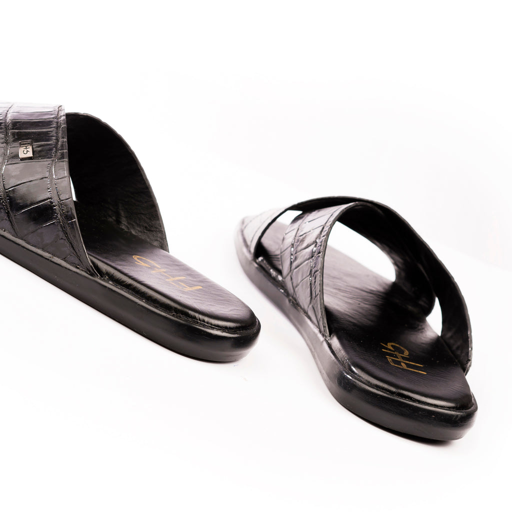 X-Strap Croc-Embossed Luxury Slippers - Black