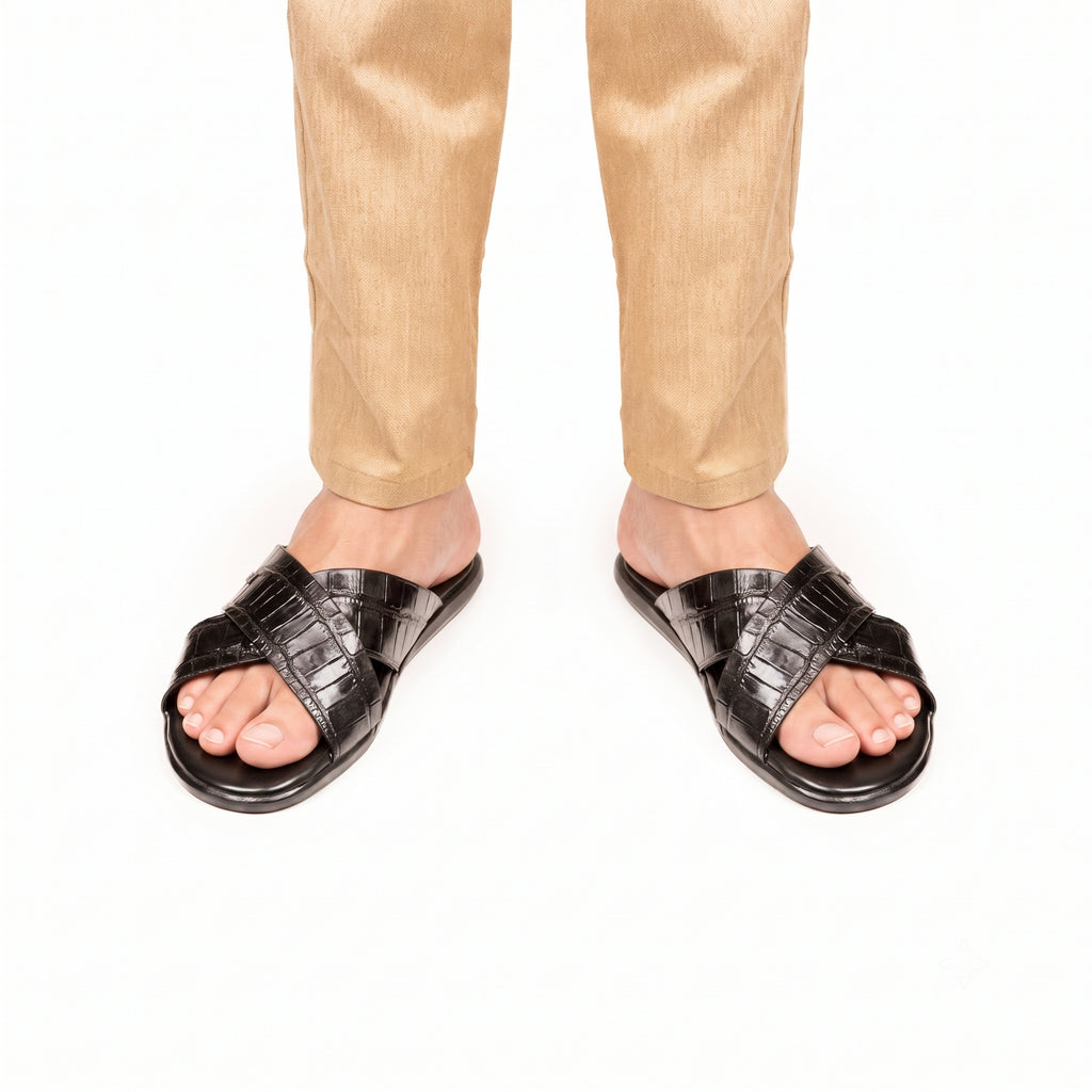 X-Strap Croc-Embossed Luxury Slippers - Black