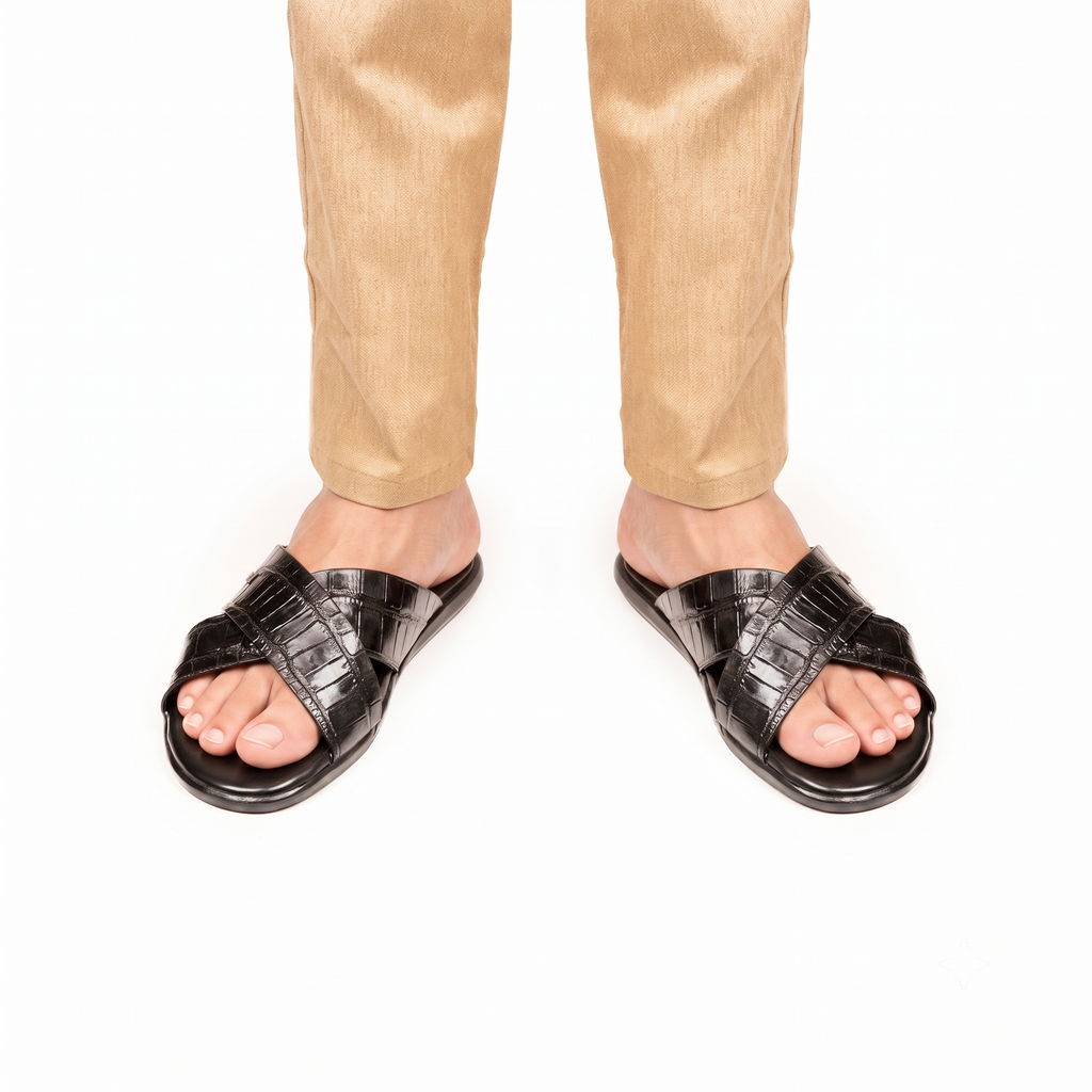 X-Strap Croc-Embossed Luxury Slippers - Black