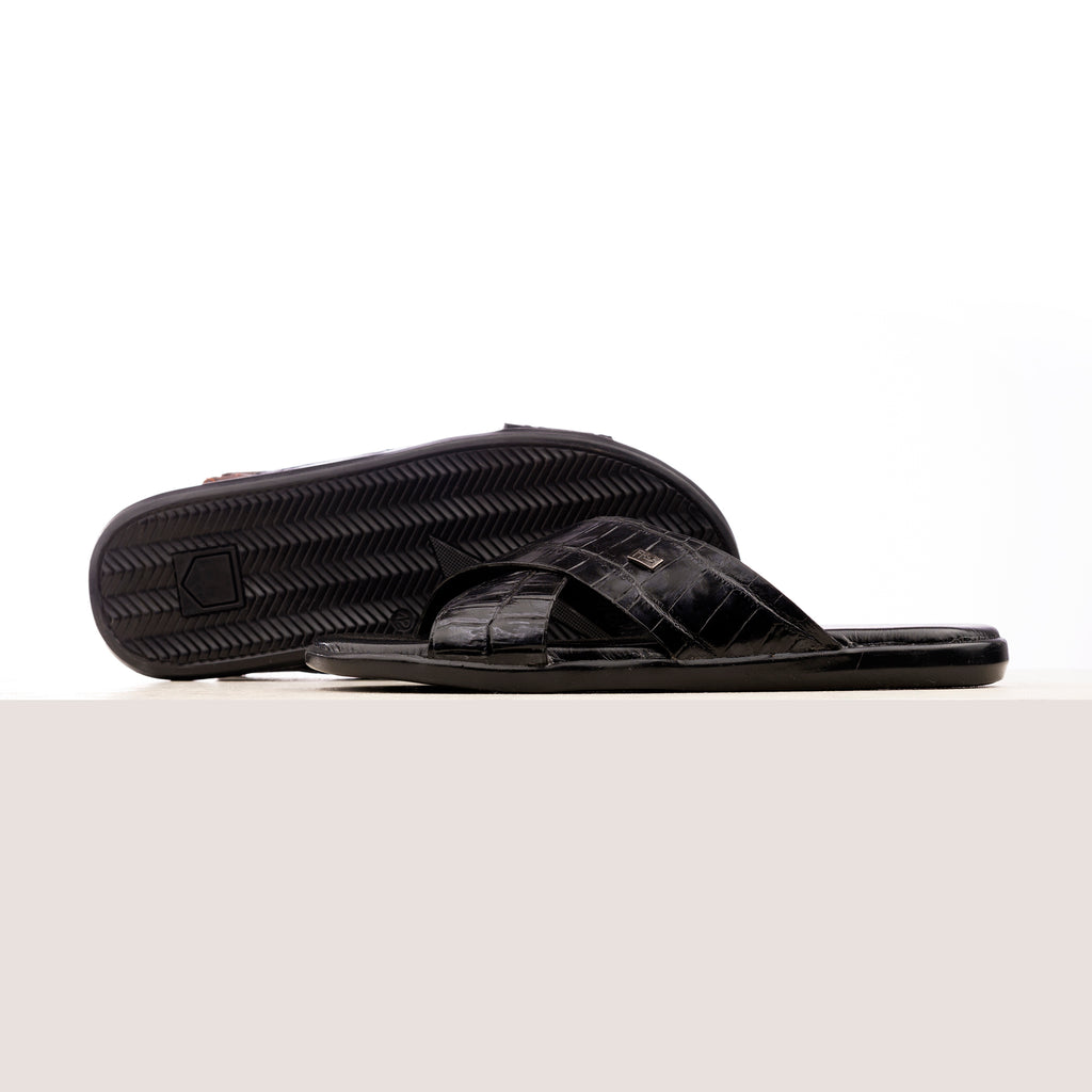 X-Strap Croc-Embossed Luxury Slippers - Black