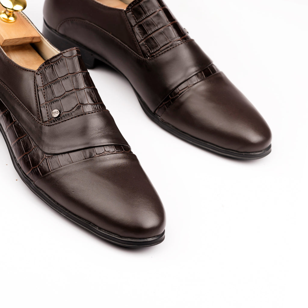 Prestige Croc-Pattern Formal Dress Loafers - Brown