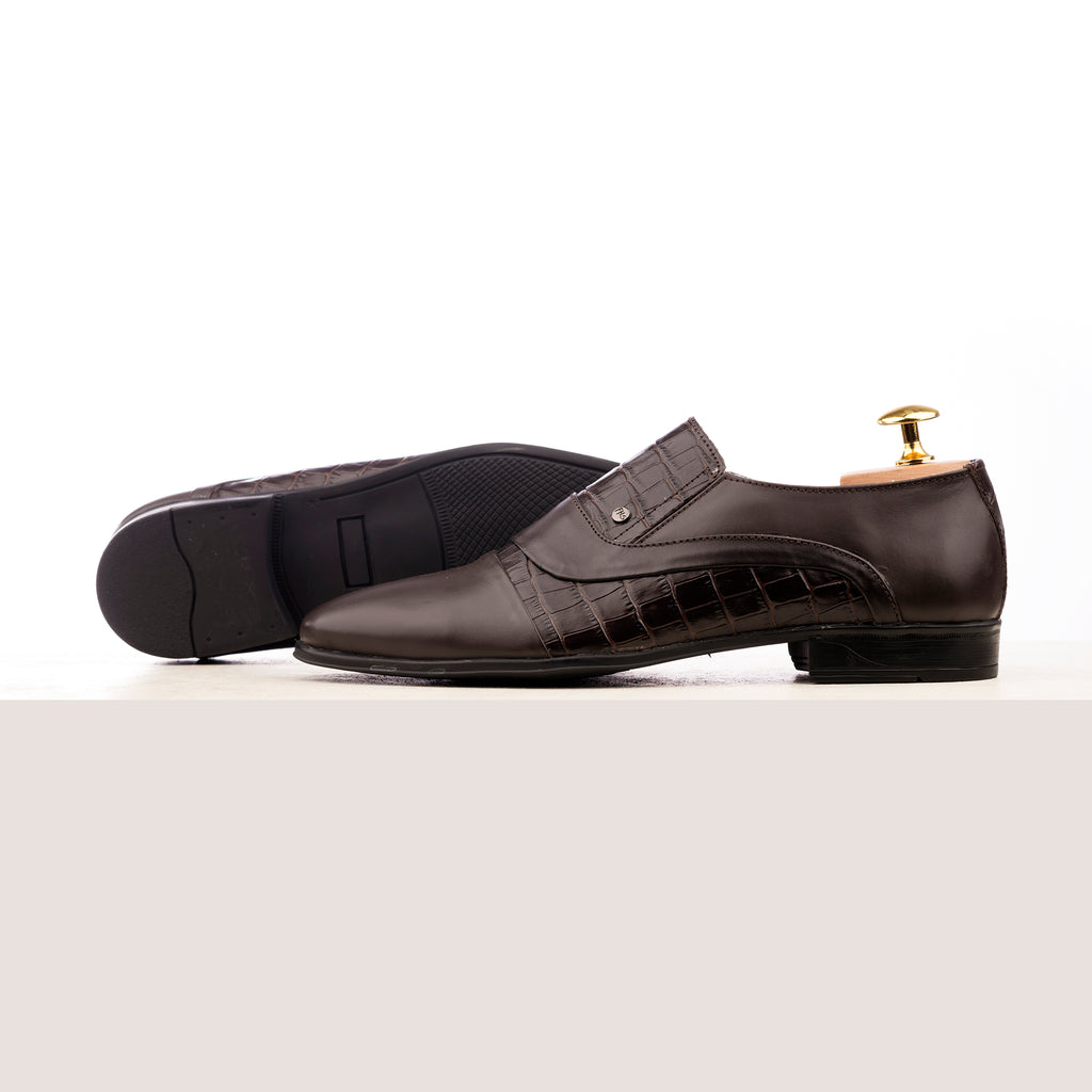 Prestige Croc-Pattern Formal Dress Loafers - Brown