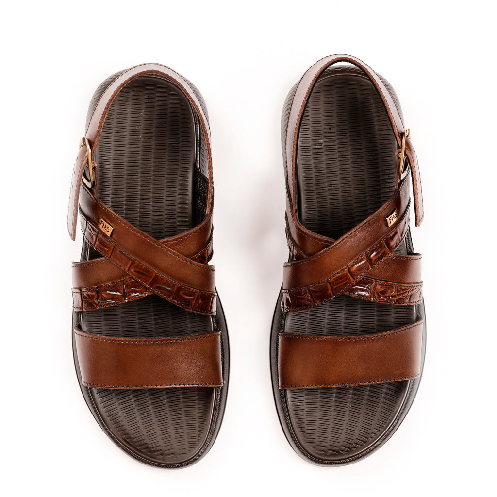 Crocodile Embossed Leather Sandals - Brown