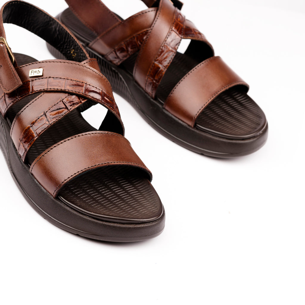Crocodile Embossed Leather Sandals - Brown