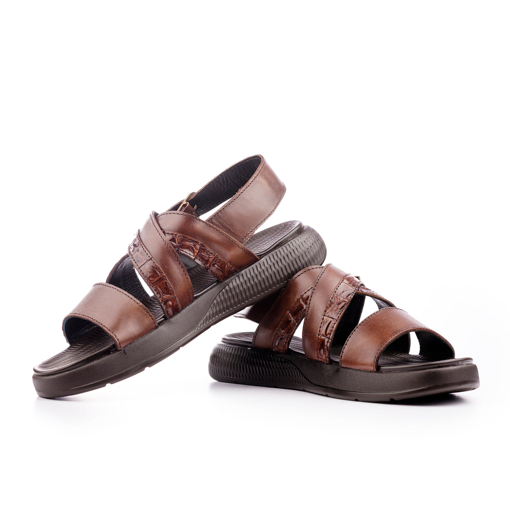 Crocodile Embossed Leather Sandals - Brown