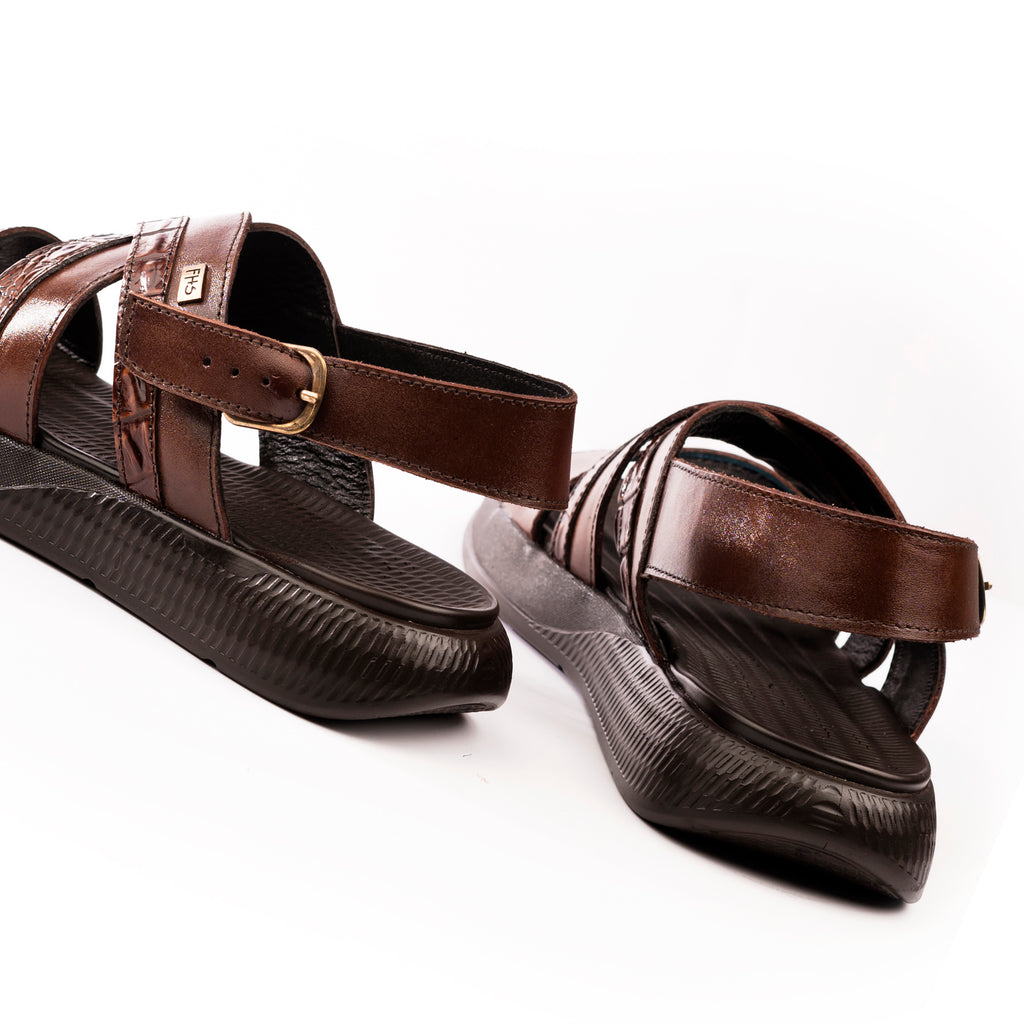 Crocodile Embossed Leather Sandals - Brown