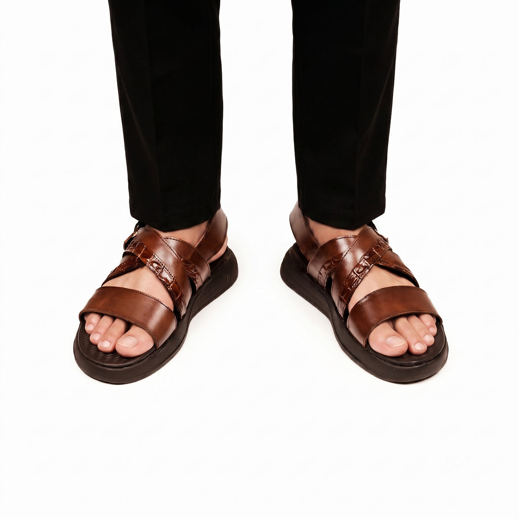 Crocodile Embossed Leather Sandals - Brown