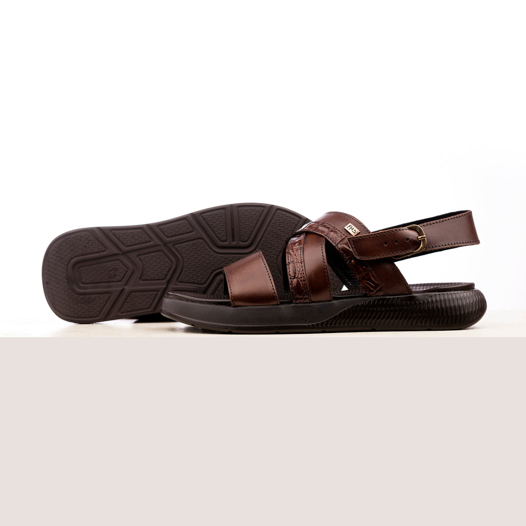 Crocodile Embossed Leather Sandals - Brown