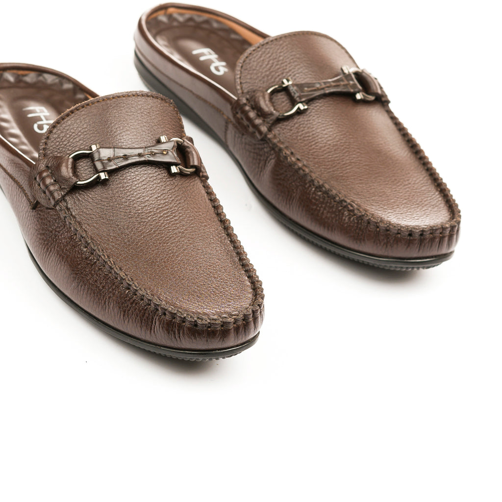 Luxe Grain Leather Horsebit Mules - Brown