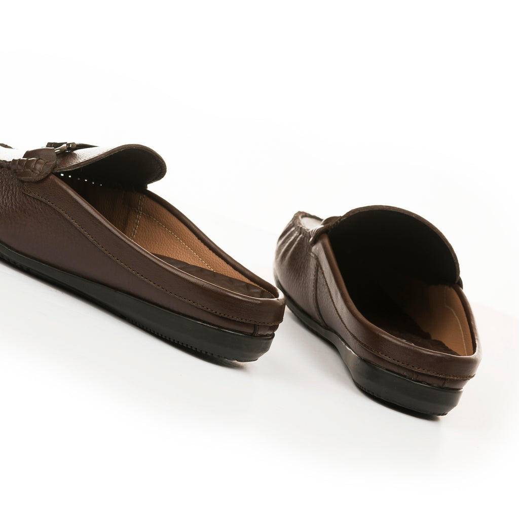 Luxe Grain Leather Horsebit Mules - Brown