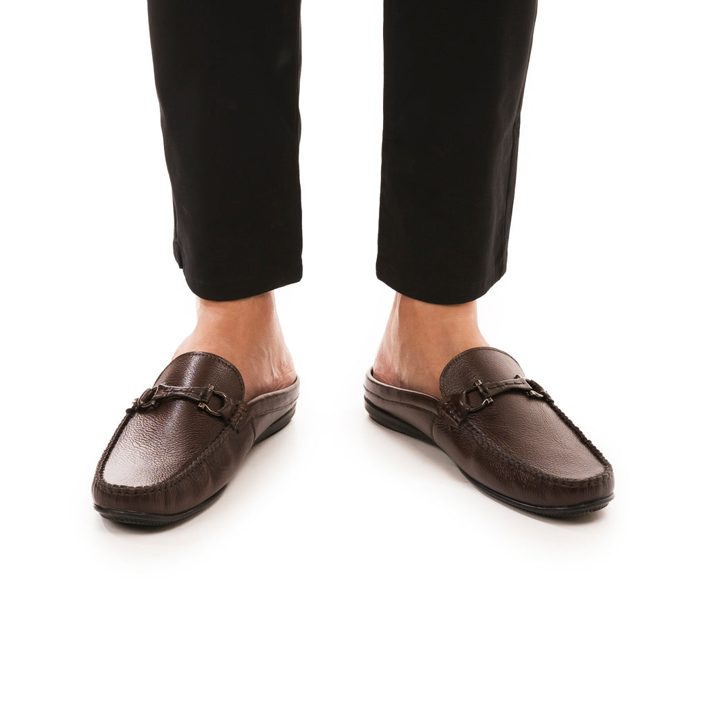 Luxe Grain Leather Horsebit Mules - Brown