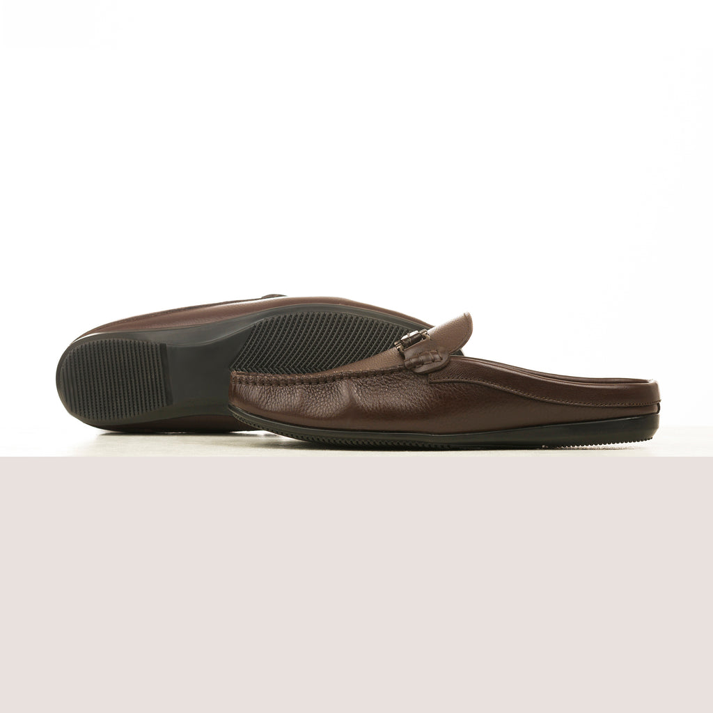 Luxe Grain Leather Horsebit Mules - Brown