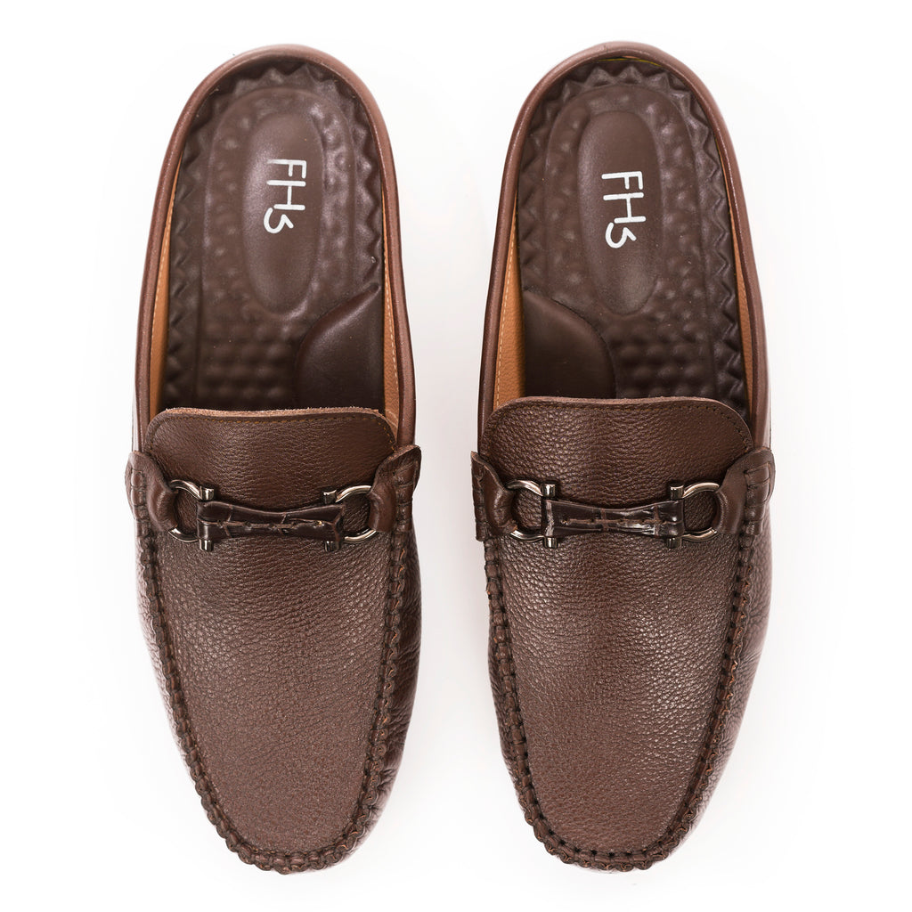 Luxe Grain Leather Horsebit Mules - Brown