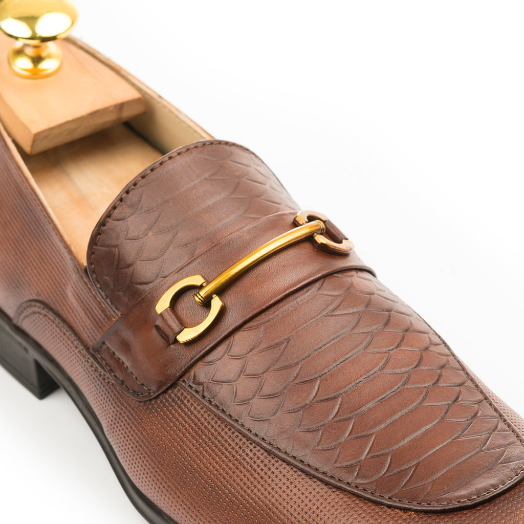 Snake Embossed Horsebit Loafers - Brown