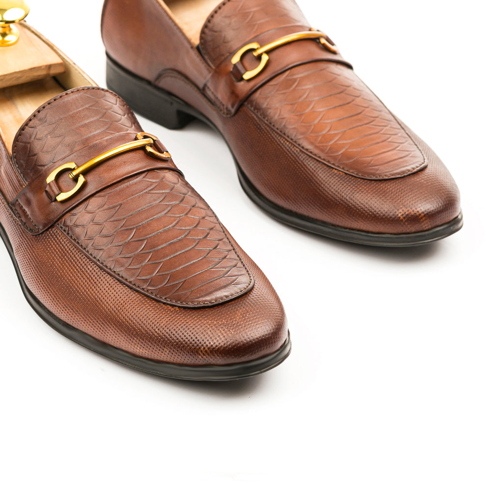 Snake Embossed Horsebit Loafers - Brown
